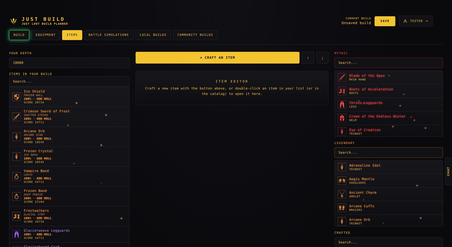 Items tab with the crafting form and catalogue