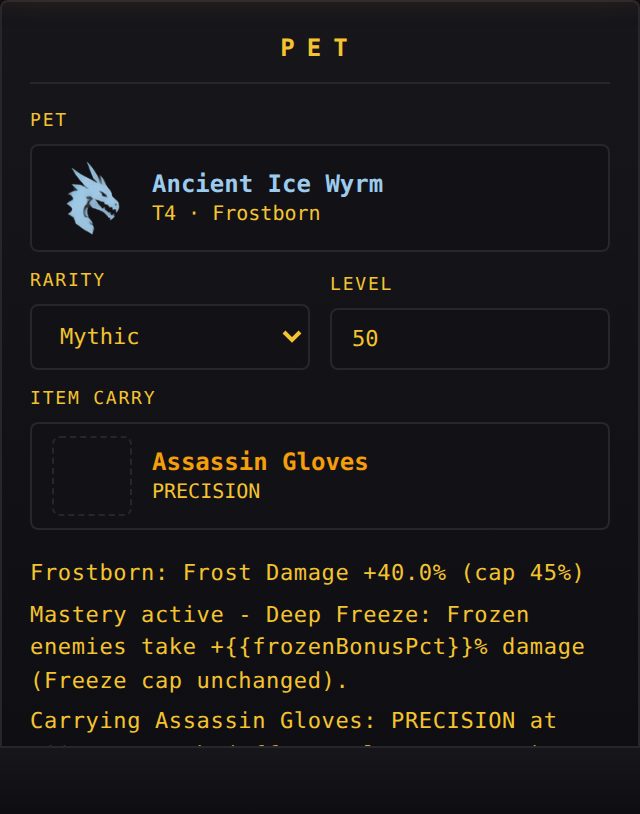 Pet panel with species, rarity, level and carried item